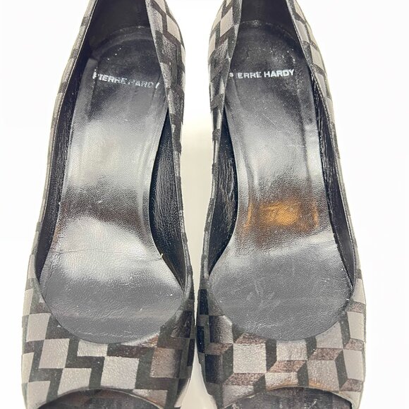 Pierre Hardy Black Silver Suede Geometric Print Open Toe Pumps Size 10 - Picture 3 of 8